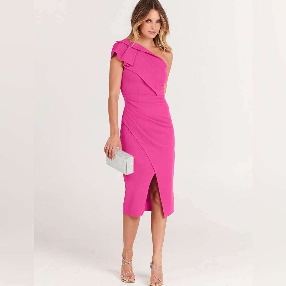 Caracilia One Shoulder Midi Dress Ruffle Wrap Ruched Bodycon Formal Dress